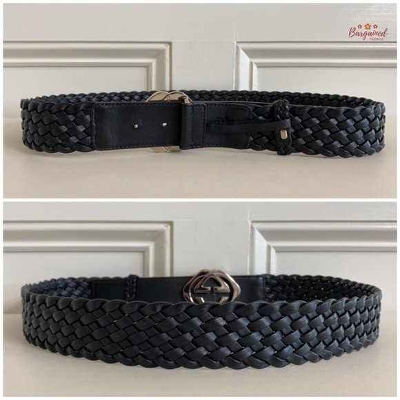Authentic Gucci Black Intrecciato Woven Leather Interlocking Square G Belt 95/38 - Picture 6 of 13